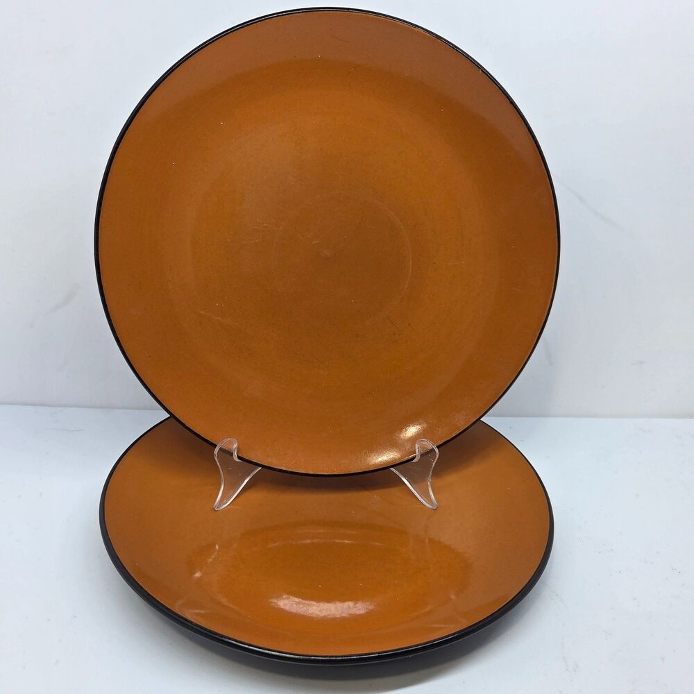 Corelle "HEARTHSTONE" Cumin Orange/ Black 2 Vintage 10 3/4" Dinner Plates GUC